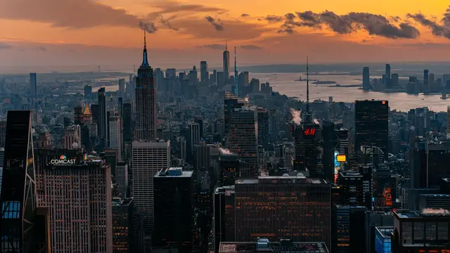 City skyline at sunset