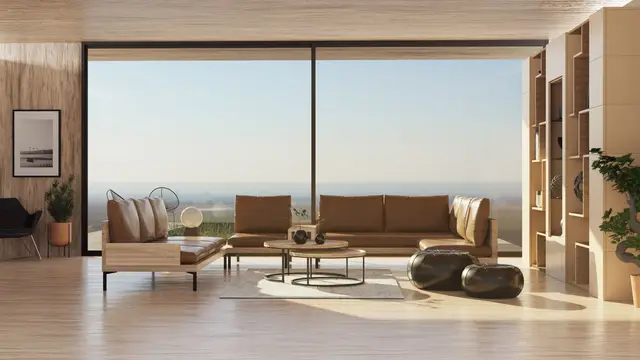 Sunlit living room with large windows